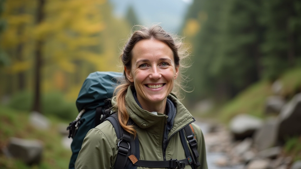 Przewodniczka turystyczna, kobieta w średnim wieku, portret od piersi, ciepły uśmiech, przyroda na tle